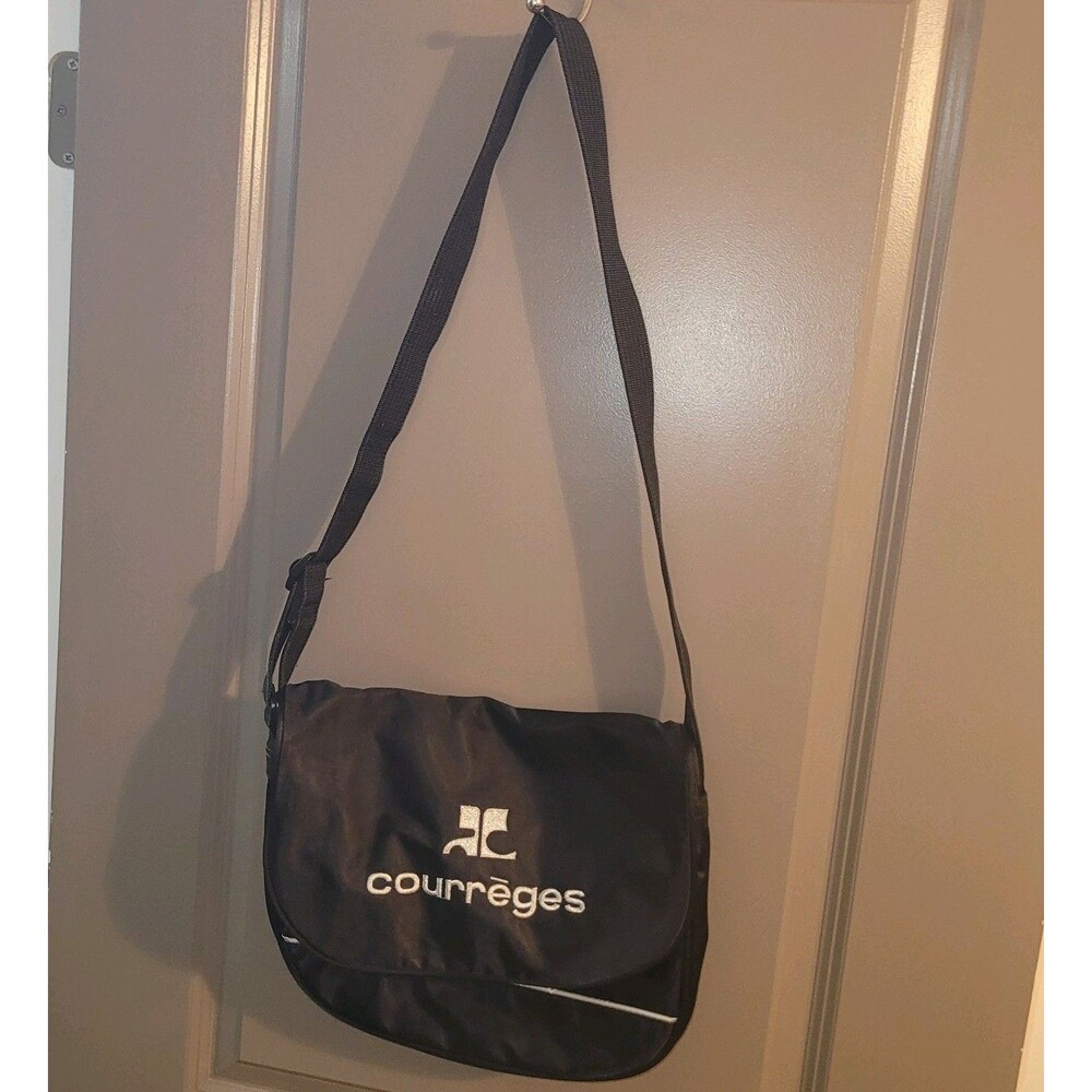 COURREGES Black Silver Logo Nylon Messenger Bag  Vintage Crossbody 1990s